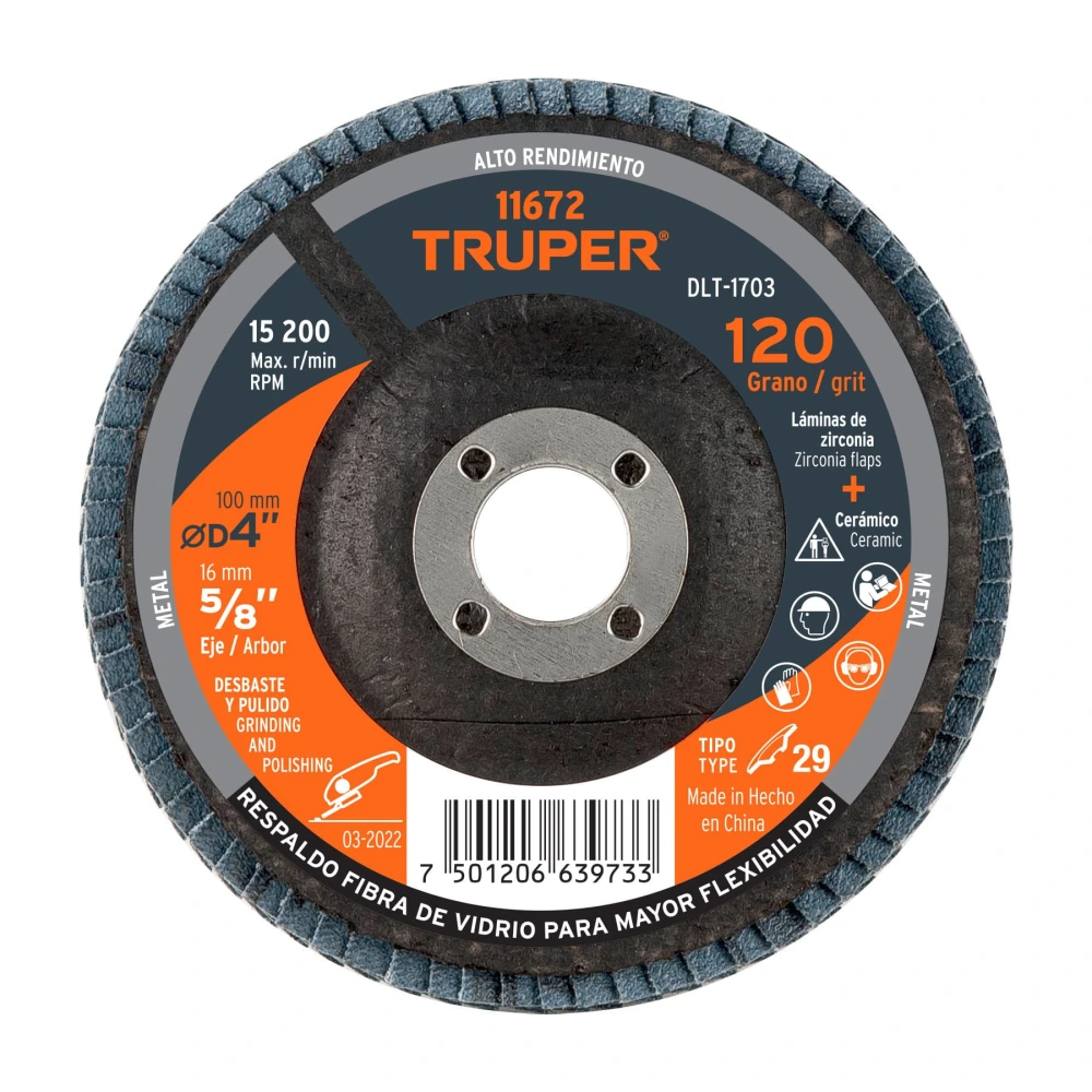 [DLT-1703] 11672 DISCO LAMINADO 4', GRANO 120 CENTRO 5/8', FIBRA, TRUPER