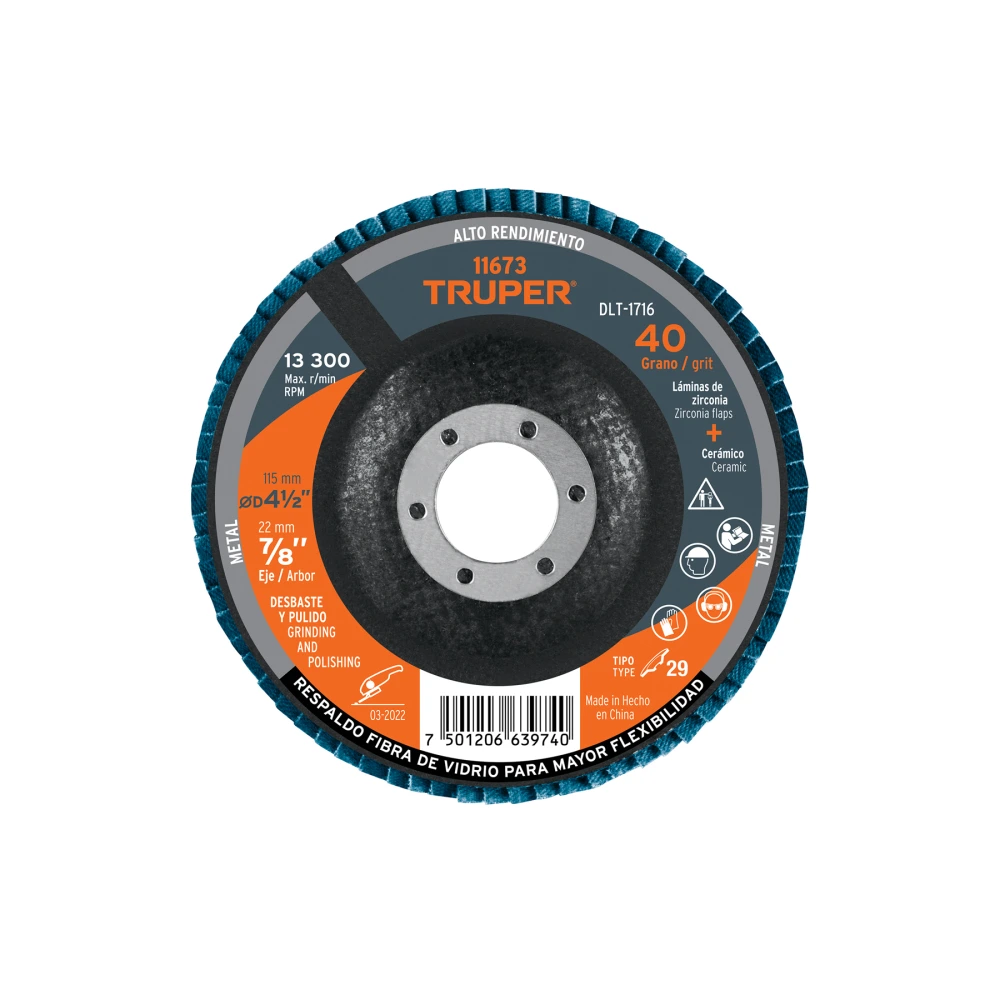 [DLT-1716] 11673 DISCO LAMINADO 4-1/2', GRANO 40 CENTRO 7/8', FIBRA, TRUPER