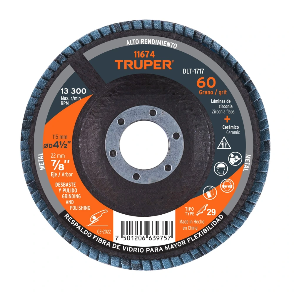 [DLT-1717] 11674 DISCO LAMINADO 4-1/2', GRANO 60 CENTRO 7/8', FIBRA, TRUPER