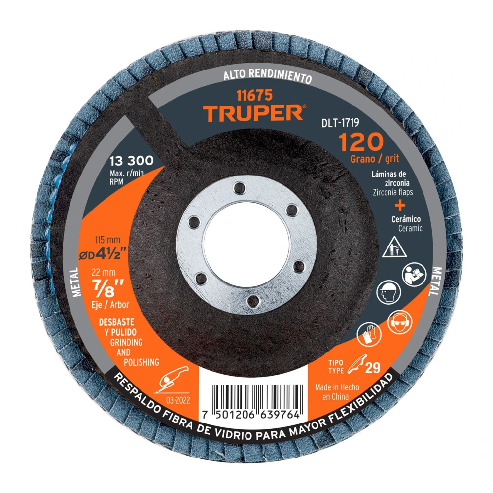 [DLT-1719] 11675 DISCO LAMINADO 4-1/2', GRANO 120 CENTRO 7/8', FIBRA, TRUPER