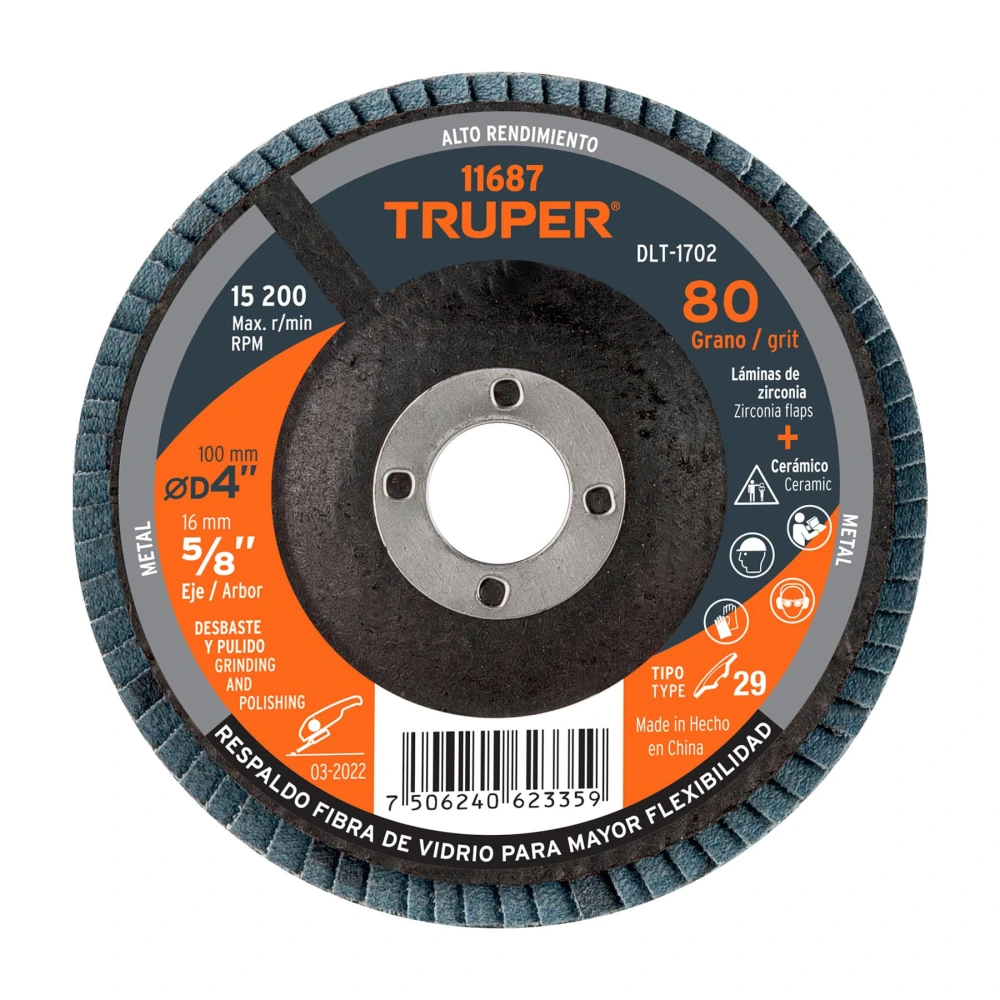 [DLT-1702] 11687 DISCO LAMINADO 4', GRANO 80 CENTRO 5/8', FIBRA, TRUPER