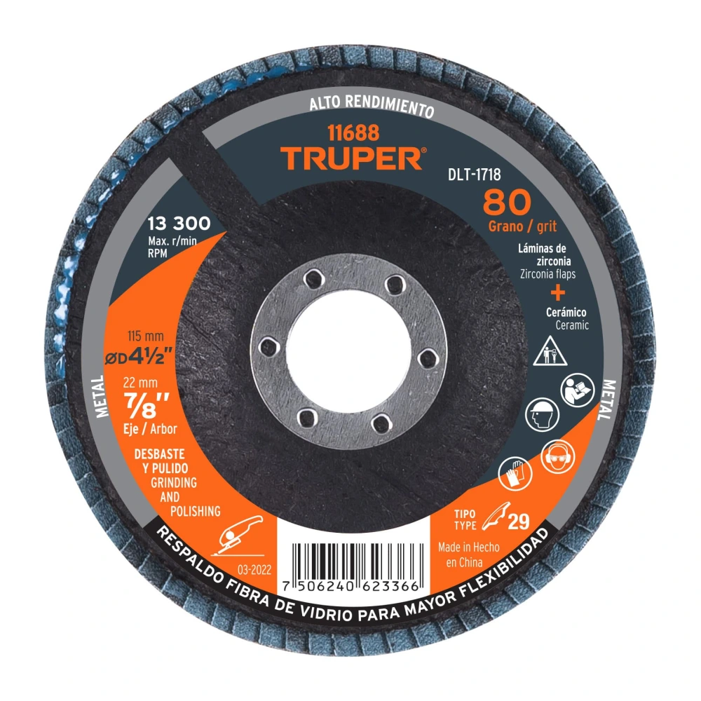 [DLT-1718] 11688 DISCO LAMINADO 4-1/2', GRANO 80 CENTRO 7/8', FIBRA, TRUPER