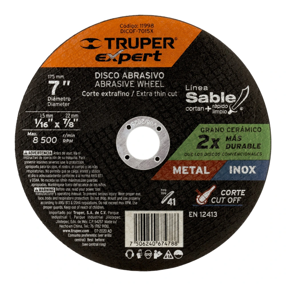 [DICOF-7015X] 11998 DISCO ABRASIVO DE CORTE PRECISO METAL 7' X 1.5 MM, EXPERT