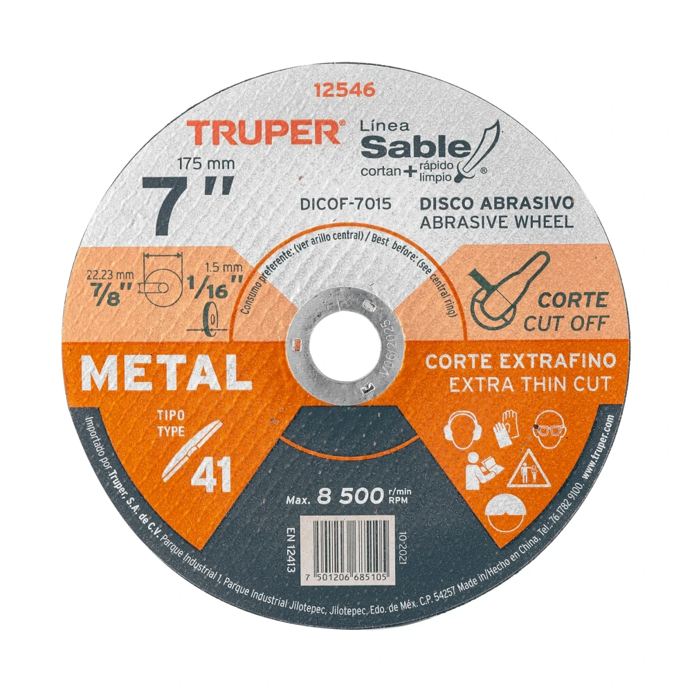 [DICOF-7015] 12546 DISCO ABRASIVO DE CORTE PRECISO METAL 7' X 1.5 MM, TRUPER