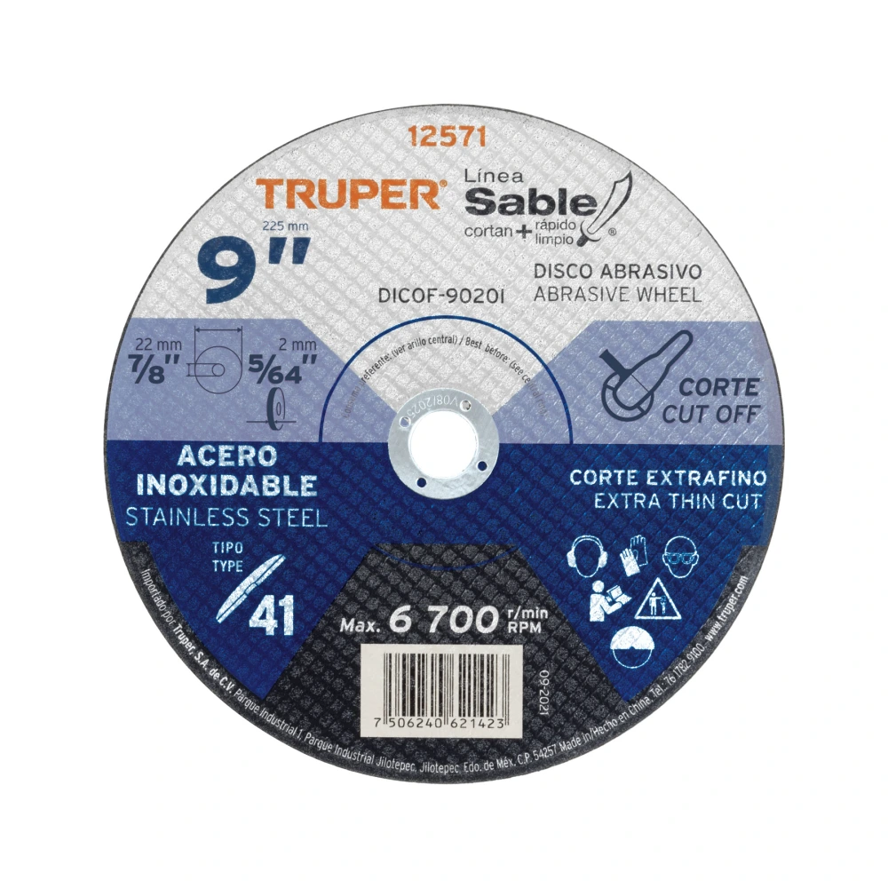 [DICOF-9020I] 12571 DISCO ABRASIVO DE CORTE PRECISO ACERO INOX 9' X 2 MM, TRUPER