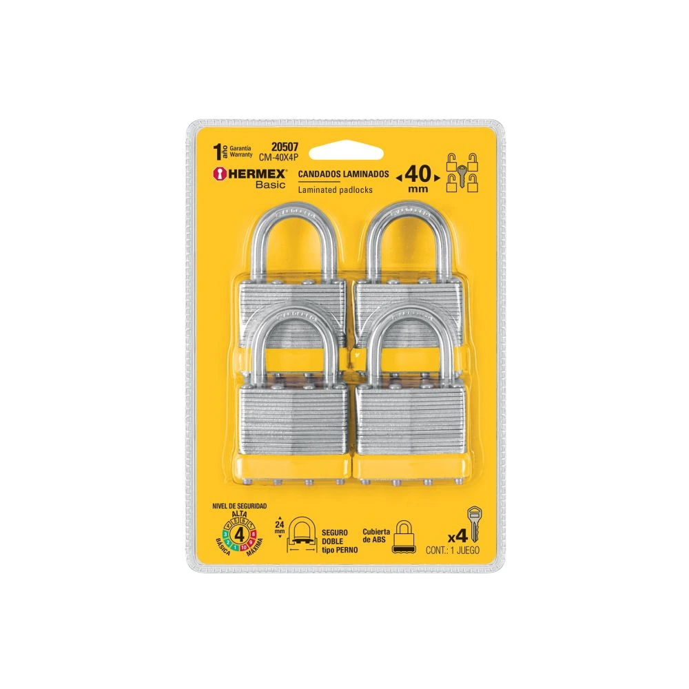 [CM-40X4P] 20507 JUEGO DE 4 CANDADOS CUERPO LAMINADO, 40 MM, HERMEX BASIC