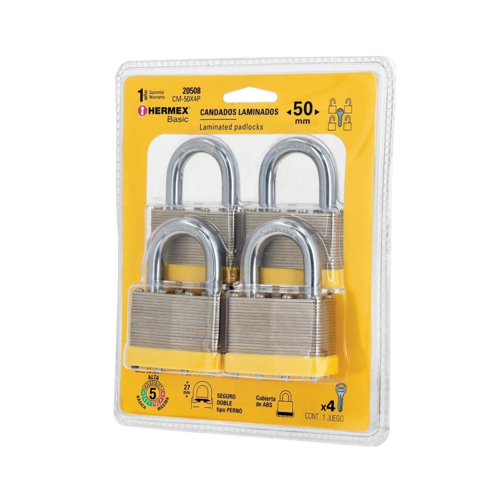 20508 JUEGO DE 4 CANDADOS CUERPO LAMINADO, 50 MM, HERMEX BASIC