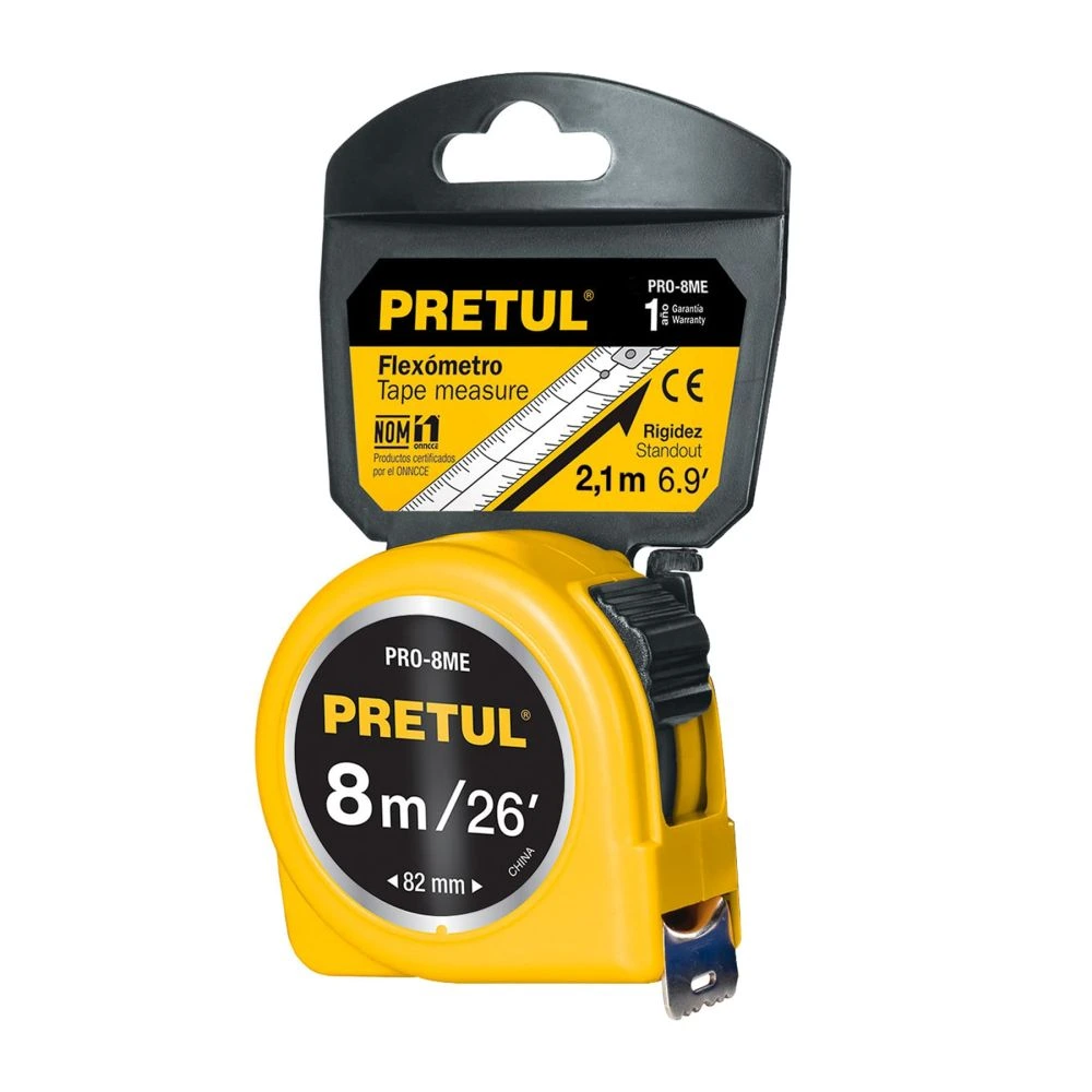 [PRO-8ME] 21603 FLEXÓMETRO AMARILLO 8 M CINTA 25 MM, EN TARJETA, PRETUL