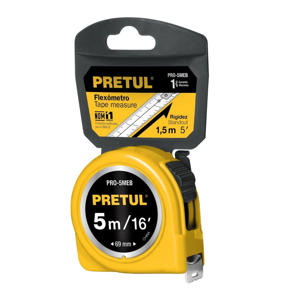 [PRO-5MEB] 21606 FLEXÓMETRO AMARILLO 5 M CINTA 19 MM, EN TARJETA, PRETUL