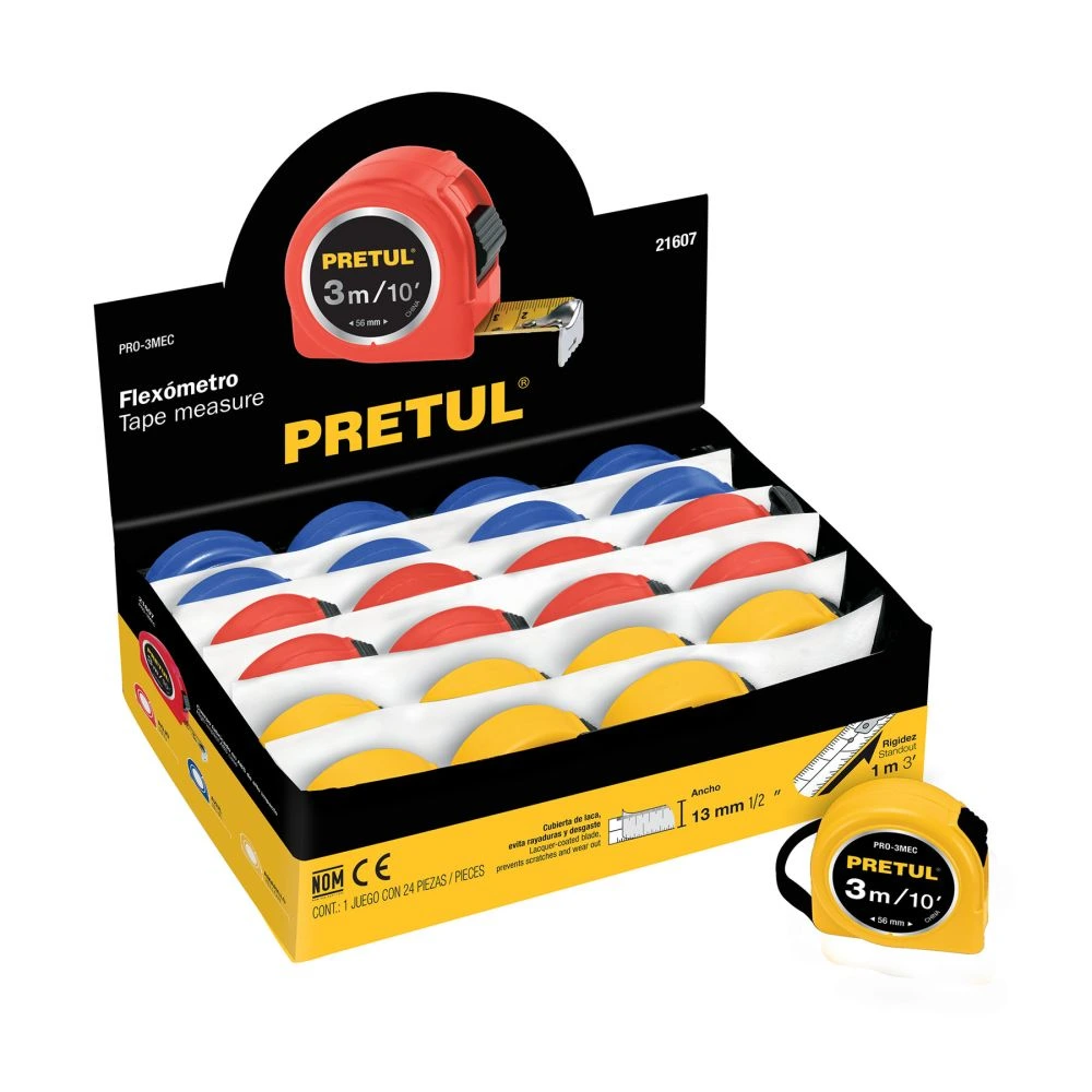 [PRO-3MEC] 21607 FLEXÓMETRO 3 M CINTA 13 MM, EN DISPLAY BOX, PRETUL