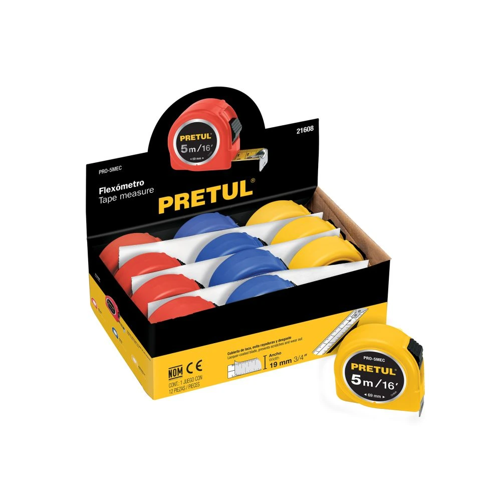 [PRO-5MEC] 21608 FLEXÓMETRO 5 M CINTA 19 MM, EN DISPLAY BOX, PRETUL