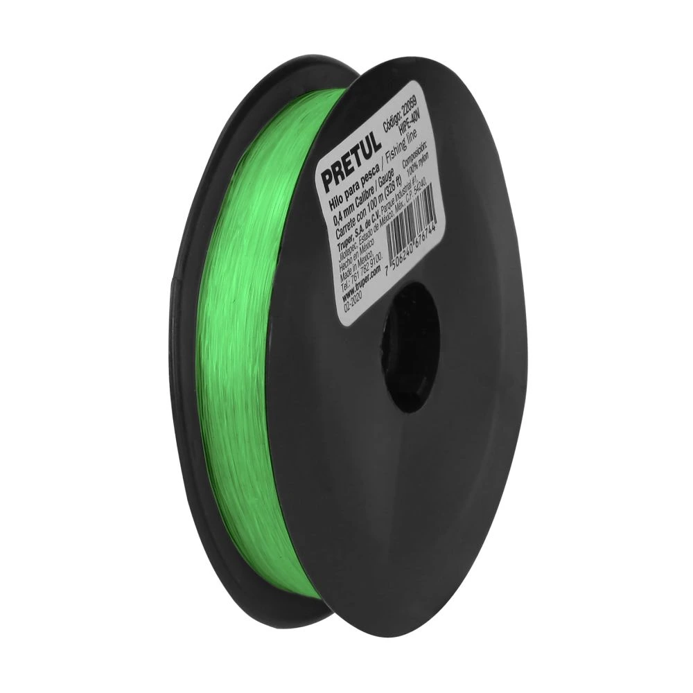22059 CARRETE CON 100 M DE HILO PARA PESCA VERDE CALIBRE 0.40 MM
