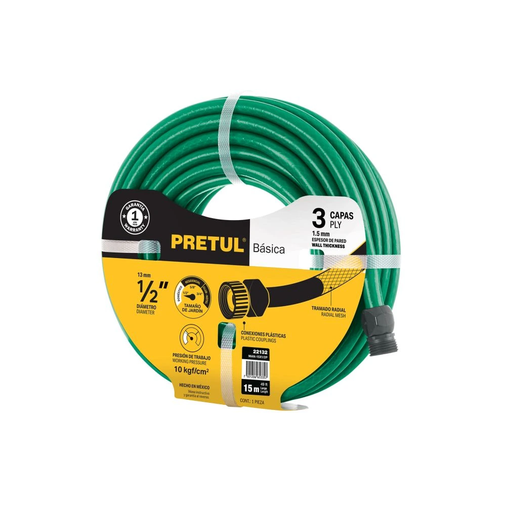 [MAN-15X1/2P] 22132 MANGUERA VERDE 1/2' 3 CAPAS 15M CONEXIONES PLÁSTICAS, PRETUL