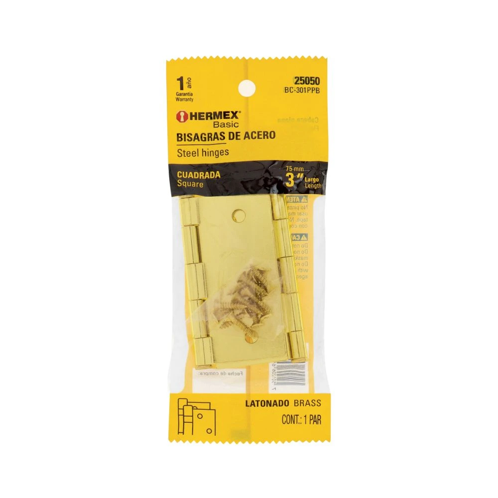 [BC-301PPB] 25050 BOLSA C/2 BISAGRAS CUADRADAS 3', LATONADO, HERMEX BASIC