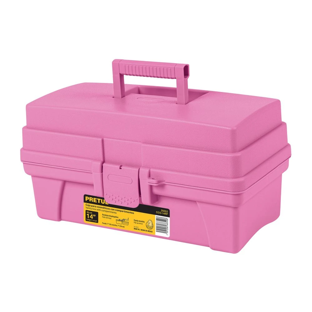 25052 CAJA COSMETIQUERA 14', DOBLE BANDEJA, ROSA, PRETUL