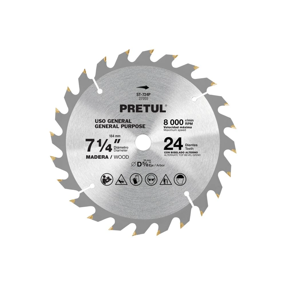 27055 DISCO SIERRA 7-1/4' P/MADERA, 24 DIENTES CENTRO 5/8', PRETUL