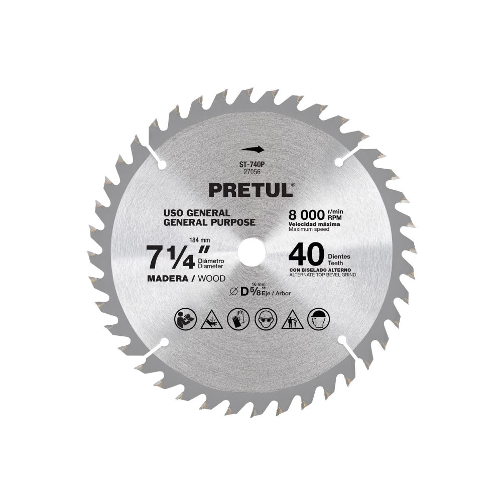 27056 DISCO SIERRA 7-1/4' P/MADERA, 40 DIENTES CENTRO 5/8', PRETUL