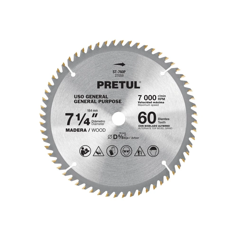 27059 DISCO SIERRA 7-1/4' P/MADERA, 60 DIENTES CENTRO 5/8', PRETUL