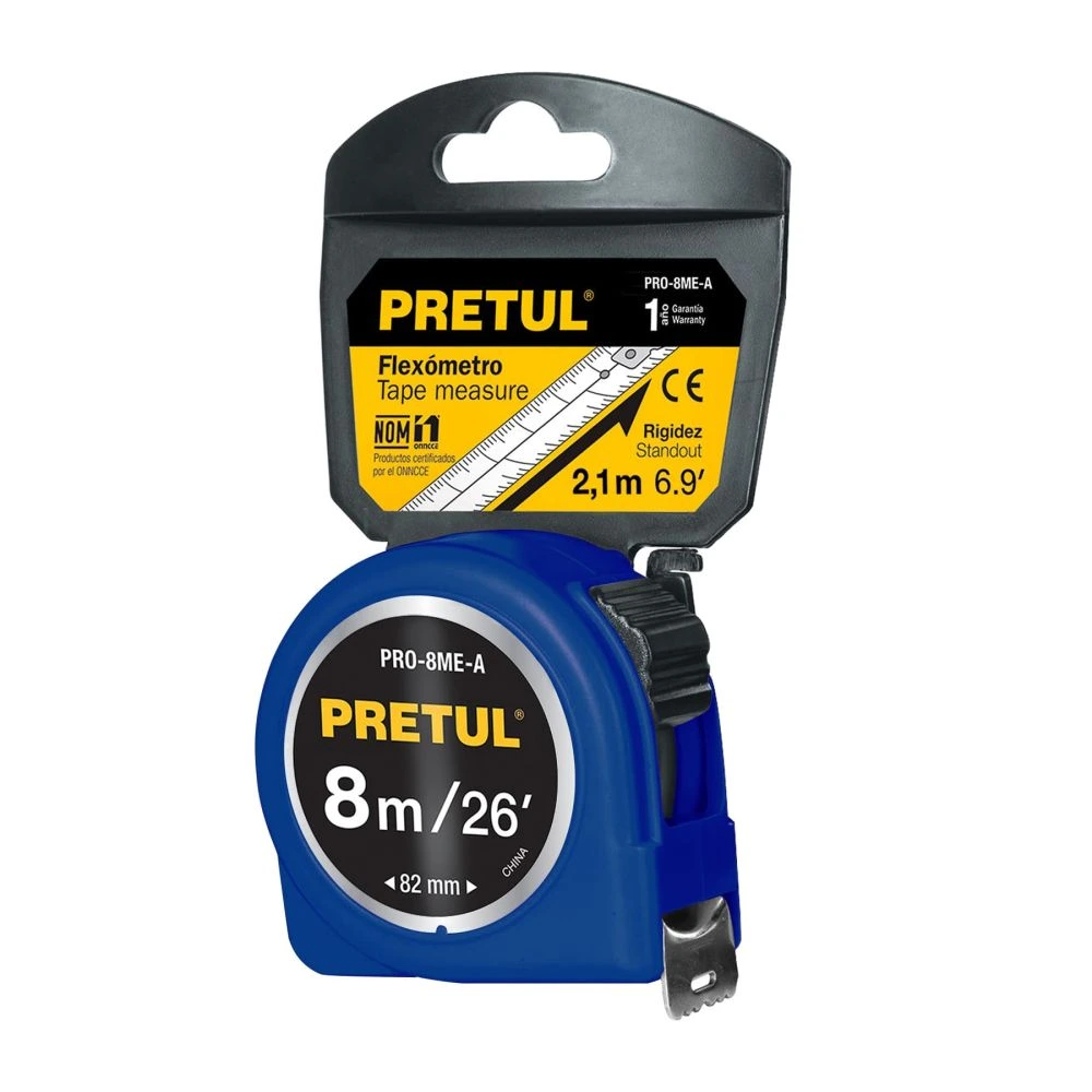 29998 FLEXÓMETRO AZUL 8 M CINTA 25 MM, EN TARJETA, PRETUL