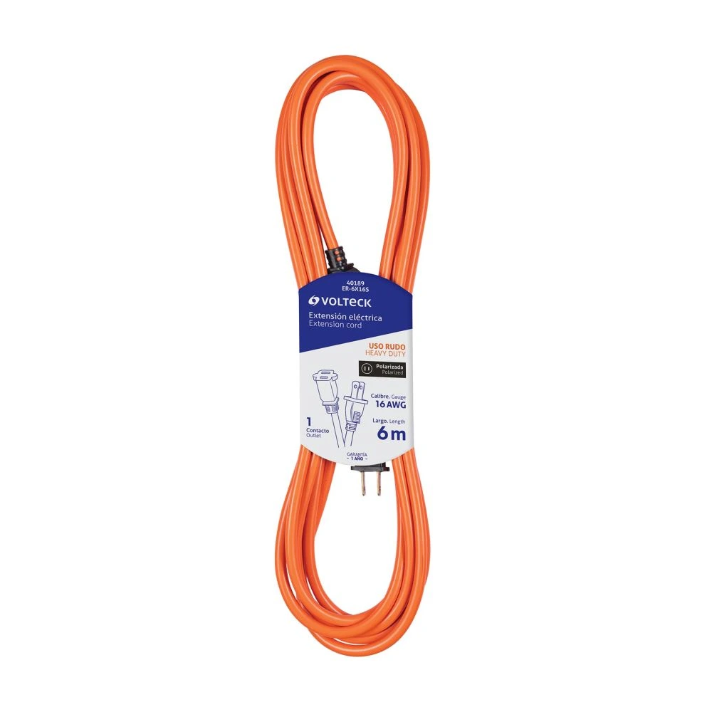 40189 EXTENSIÓN ELÉCTRICA USO RUDO 6M 2X16 AWG PARA 1 CLAVIJA