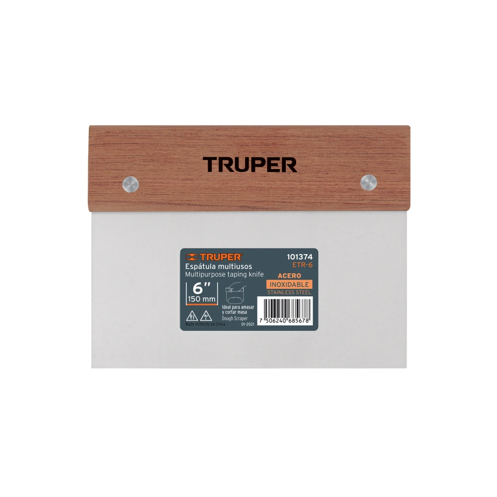 101374 ESPÁTULA RECTANGULAR 6' X 3' ACERO INOXIDABLE, MANGO MADERA