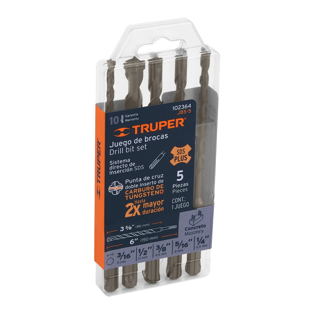102364 JUEGO DE 5 BROCAS PARA CONCRETO SDS PLUS, TRUPER