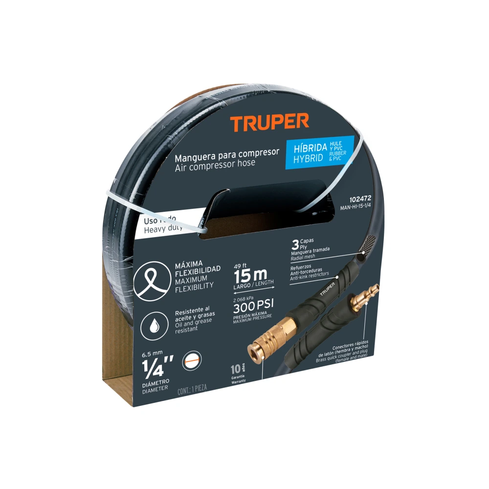 [MAN-HI-15-1/4] 102472 MANGUERA PARA COMPRESOR, HÍBRIDA, 15M X 1/4', TRUPER