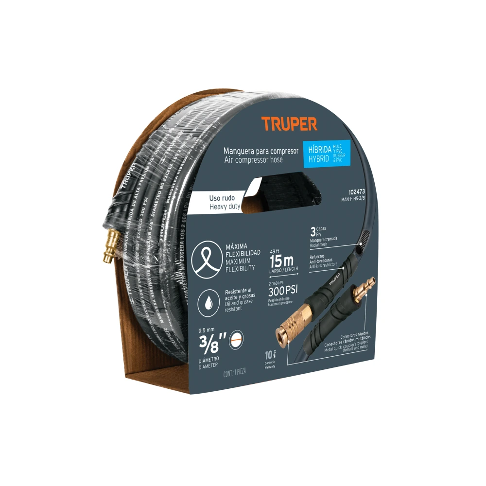 [MAN-HI-15-3/8] 102473 MANGUERA PARA COMPRESOR, HÍBRIDA, 15M X 3/8', TRUPER