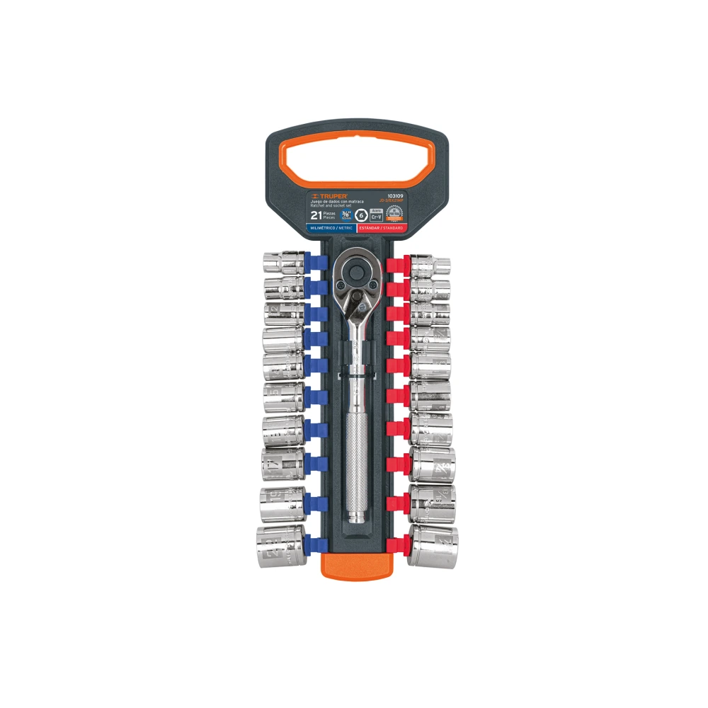 [JD-3/8X21MP] 103109 JUEGO DE DADOS MM Y STD CON MATRACA, CUADRO 3/8', TRUPER